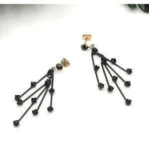 Vintage Dangling Black Crystal Cluster Earrings With Gold Stud Posts